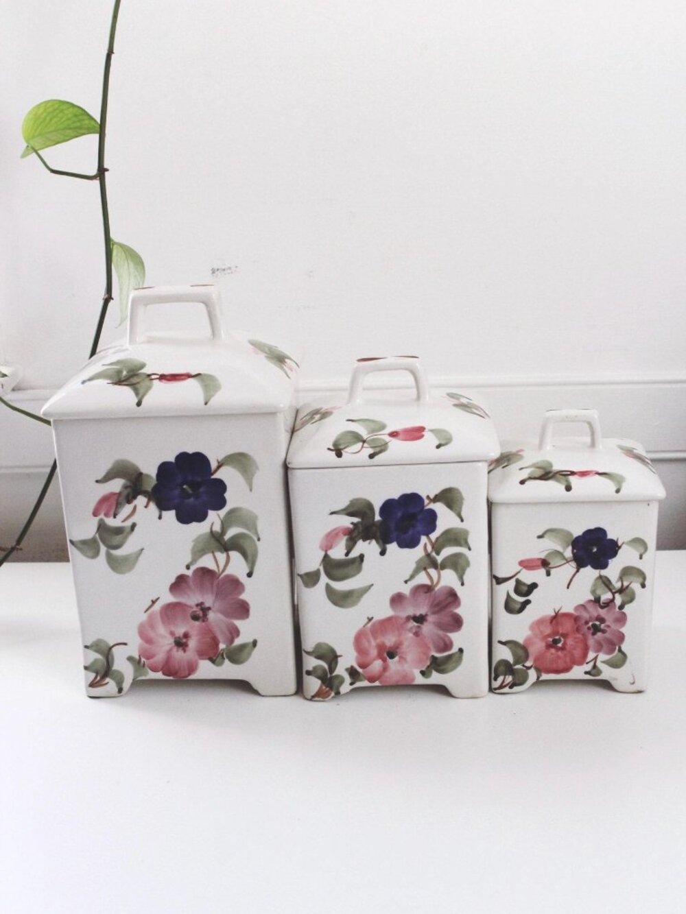 Vintage Ceramic Canister Set Hand Painted Floral Sadek Jay Willfred Portugal